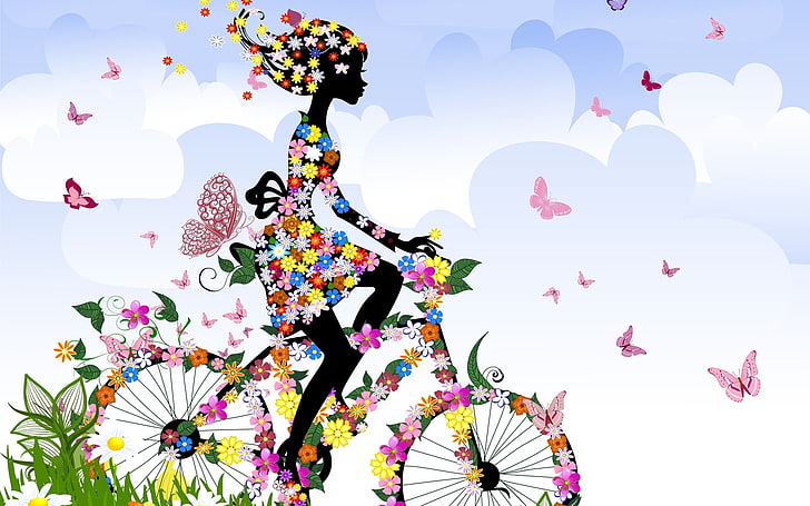 HD wallpaper: Lady On Bike Cartoon, multicolored floral girl riding bike  illustration | Wallpaper Flare