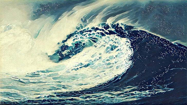 tidal wave painting, waves, sea, drawing, artwork, water, motion, HD wallpaper