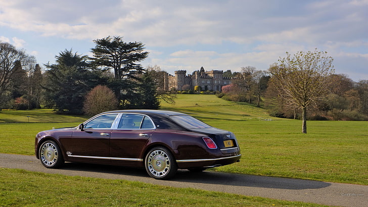 maroon Bentley sedan, Bentley Mulsanne, car, castle, park, vehicle, HD wallpaper