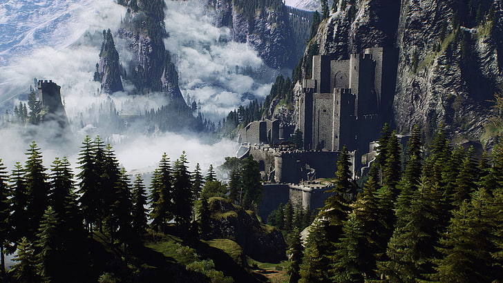 gray castle, fantasy art, trees, mountains, clouds, The Witcher 3: Wild Hunt