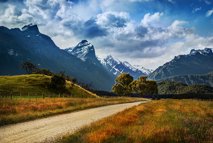 blue and white sky, Dirt Road, Road to Paradise, Glenorchy  New Zealand, HD wallpaper