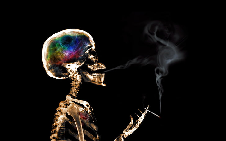 skeleton, smoking, skull, colorful, smoke, artwork, black background, HD wallpaper