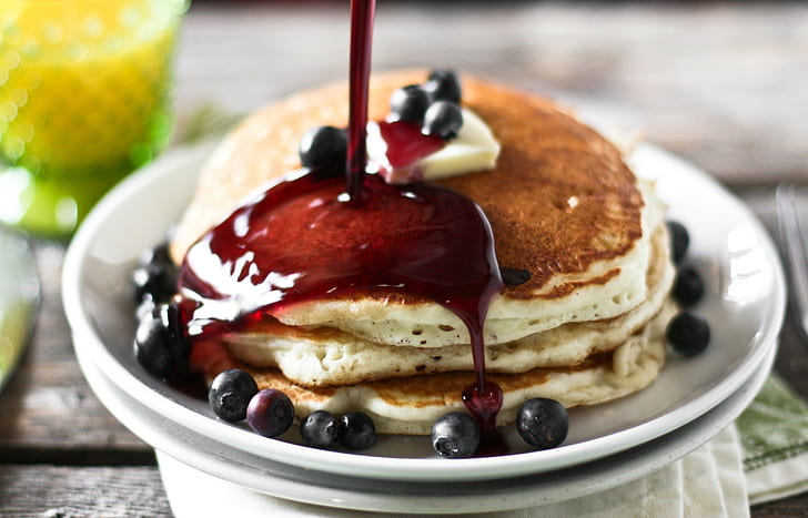 pancakes, food, breakfast, blackberries, HD wallpaper