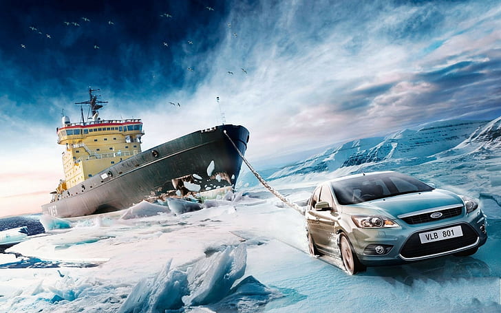 vehicle car ford ford focus ship iceberg ropes sea winter snow photo manipulation commercial icebreakers, HD wallpaper