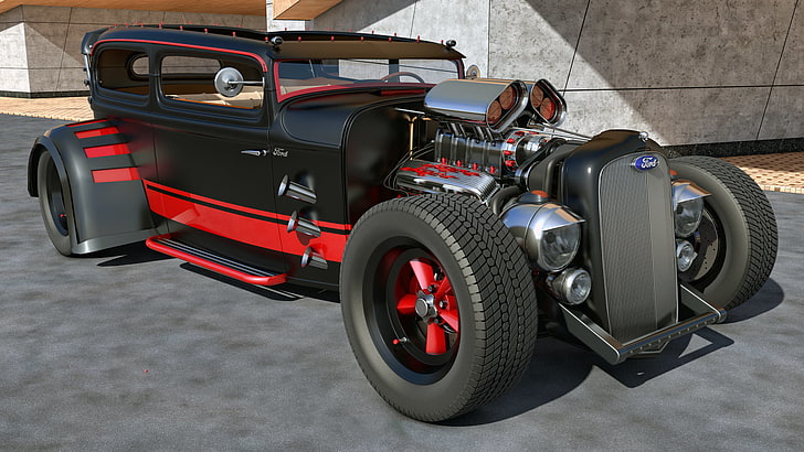 black and red hot rod, machine, design, tuning, ford, custom, HD wallpaper