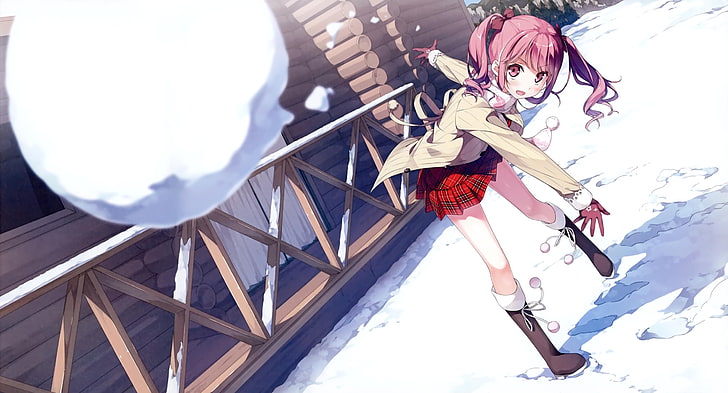 anime girls, Kurumi (Kantoku), original characters, snow, pink hair