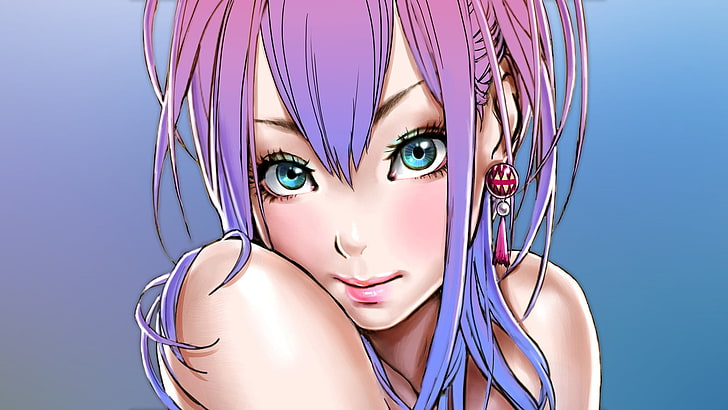 purple hair, blue eyes, simple, soft shading, anime girls, women