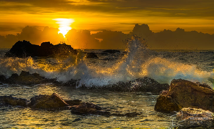 water splash on rock formation during sunset, waves, Bermagui