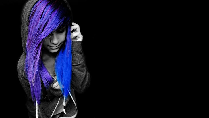 HD wallpaper: black, black background, Blue Hair, Emo, Purple Hair,  Selective Coloring | Wallpaper Flare