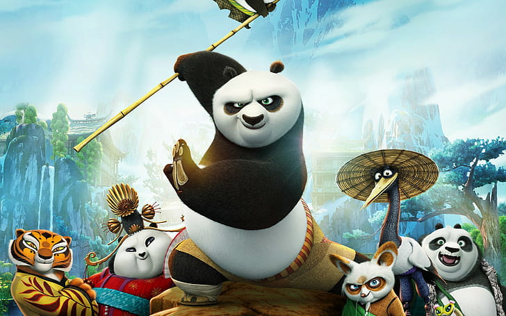 Kung Fu Panda 3 cartoon, mountains, village, master, characters