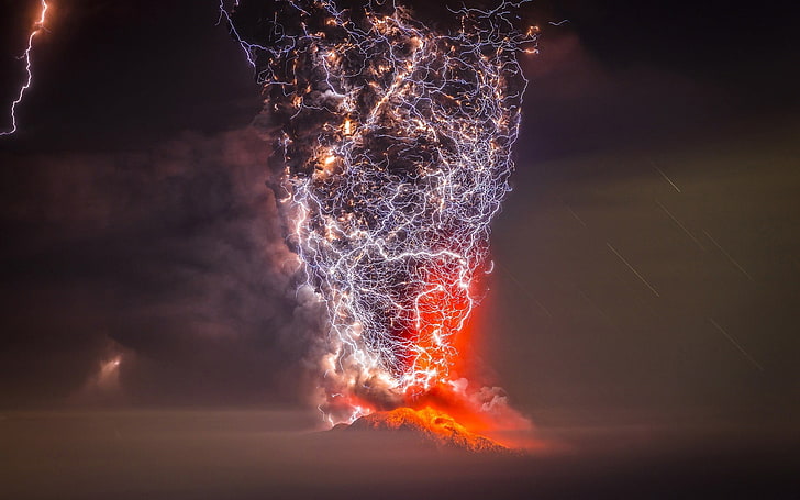 hurricane lightning and fire digital wallpaper, nature, volcano