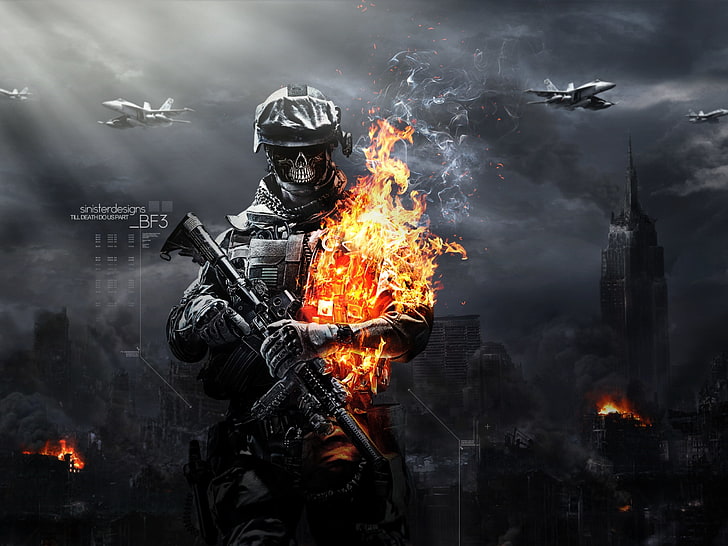 rifles soldiers skulls video games war cityscapes fire destruction new york city us marines corps em Nature Cityscapes HD Art