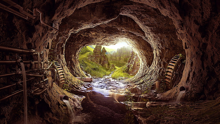 cave, fantasy art, tunnel, rock, darkness, architecture, nature