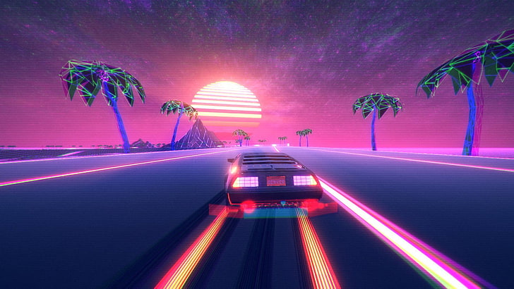 Road, Stars, The game, Neon, Machine, DeLorean DMC-12, Electronic, HD wallpaper