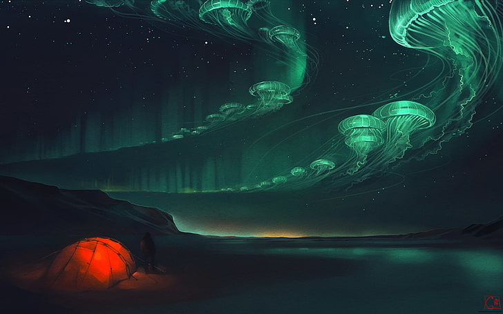 orange dome tent, jelly fish aurora borialis, artwork, fantasy art