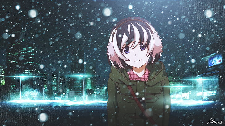 Hanekawa Tsubasa, snow, Monogatari Series, city, winter, anime