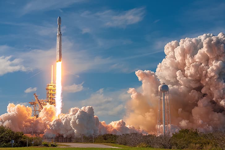 Falcon Heavy, rocketlaunch, smoke, fire, burning, digital, SpaceX, HD wallpaper