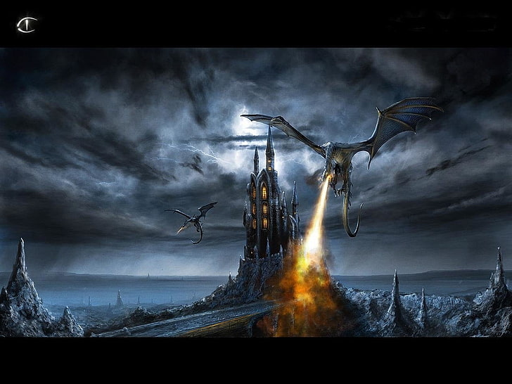 two animated dragons near castle digital wallpaper, Fantasy, Battle