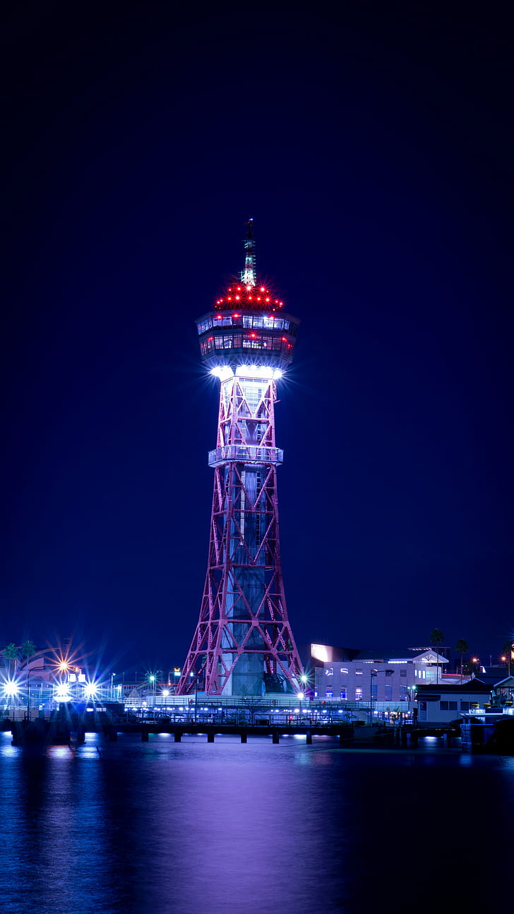 tower, lighthouse, night city, pier, fukuoka, japan, HD wallpaper