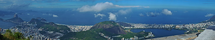 water, mountains, clouds, Rio de Janeiro, panoramic, nature, HD wallpaper