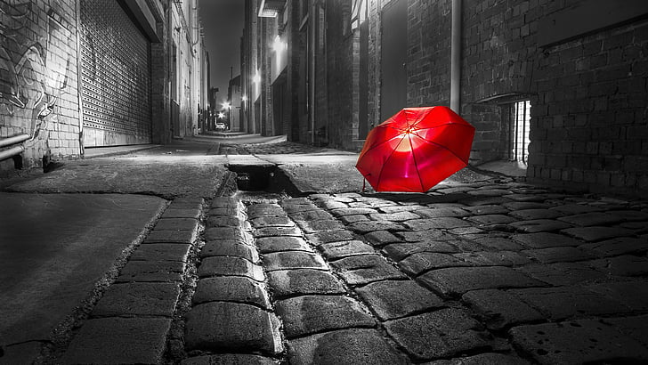 umbrella, red, photograph, black and white, monochrome photography, HD wallpaper