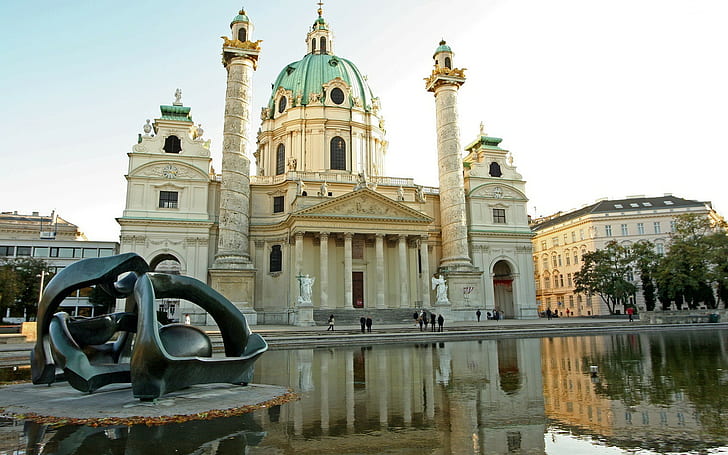 cityscape, cathedral, Karlskirche, Vienna, church, sculpture, HD wallpaper