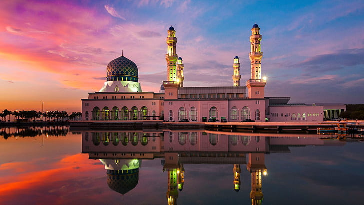 Kota Kinabalu City Mosque Is The Second Main Mosque In Kota Kinabalu Sabah Malaysia Sunset Reflection In Water Wallpaper Hd 1920×1200, HD wallpaper