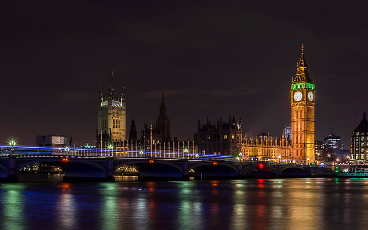 city, London, Big Ben, Westminster, night, city lights, long exposure, HD wallpaper