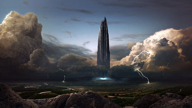 gray tower, movie scene, artwork, digital art, spaceship, storm