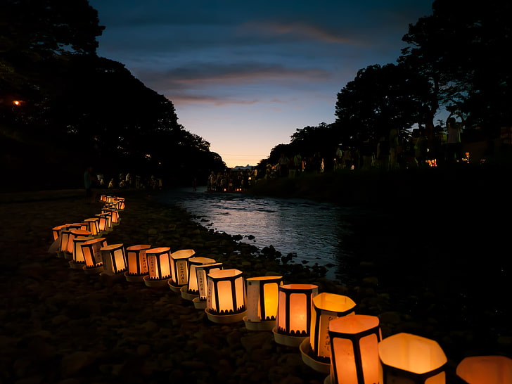 candle lantern lot, Japan, lights, religion, night, water, nature, HD wallpaper