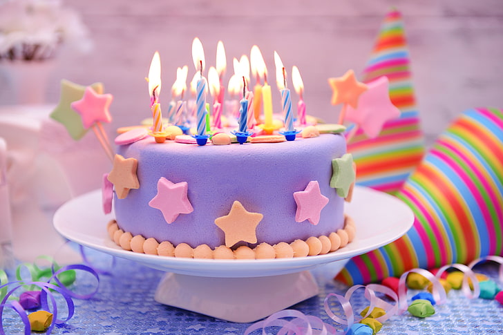 round fondant cake with candles, sweet, decoration, Happy, Birthday, HD wallpaper