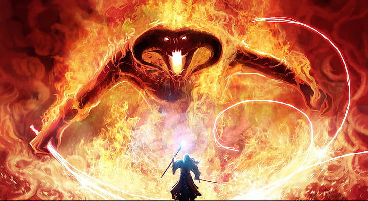 fantasy art, Balrog, Moria, Gandalf, The Lord of the Rings