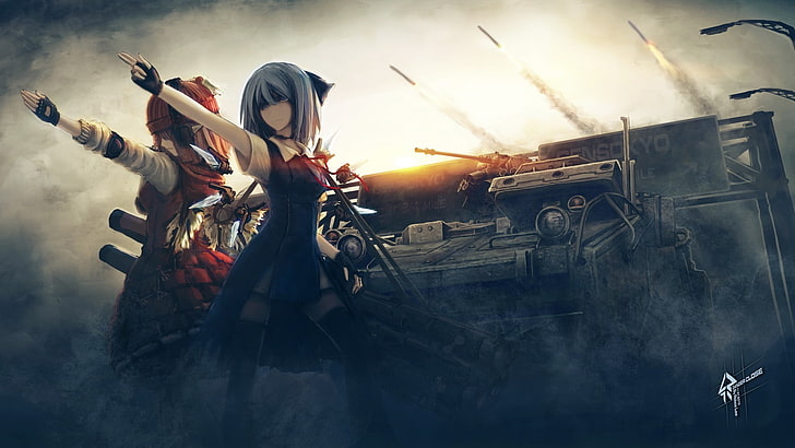 blue and red female anime characters, anime girls, tank, Touhou