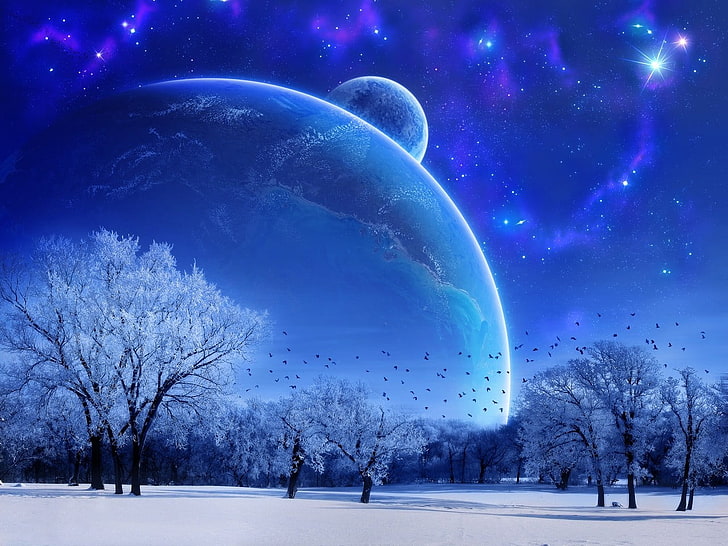 white tree illustration, planet, sky, trees, winter, digital art