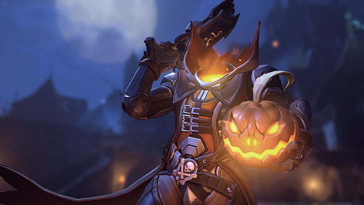 pumpkin head armored character graphic poster, Reaper (Overwatch)