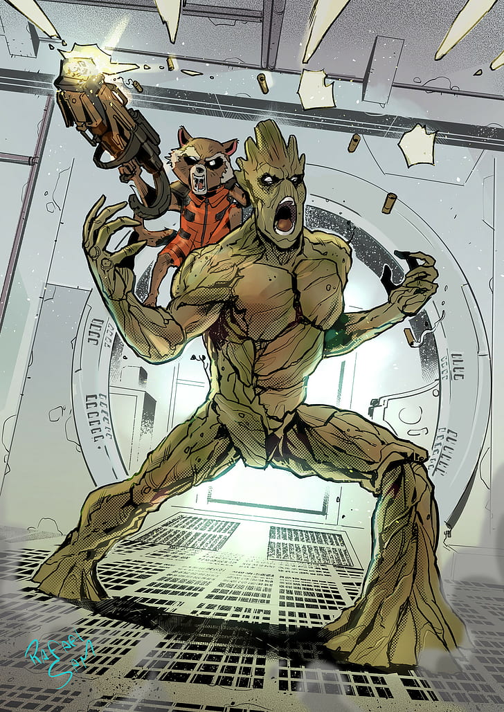 Rafael Sam, illustration, Marvel Comics, Groot, Rocket Raccoon, HD wallpaper