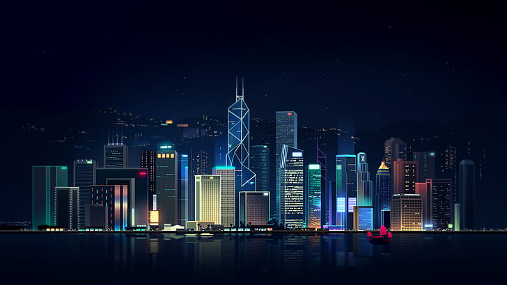 Reflection, Sea, Hong Kong, Night, Vector, The city, Neon, Ship, HD wallpaper