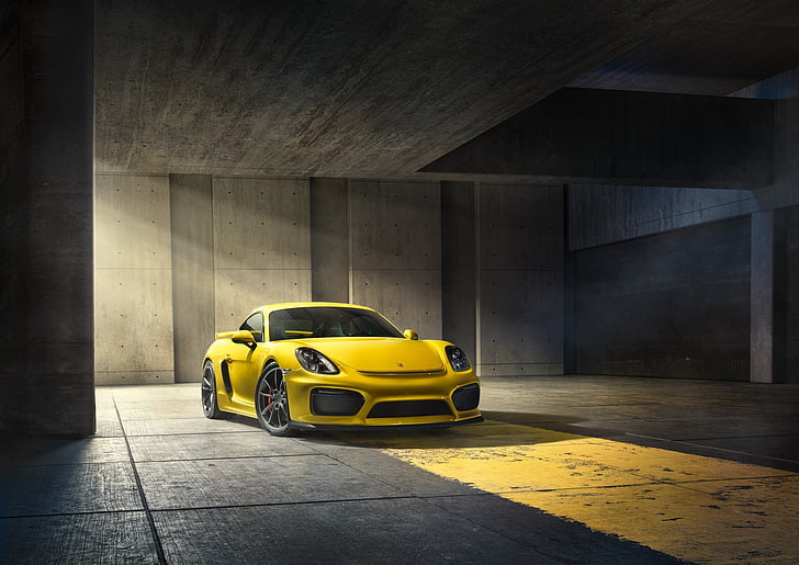 yellow Porsche coupe, Cayman, Front, Parking, Supercar, GT4, 2015