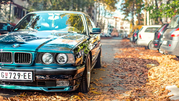 blue BMW M-Series car, autumn, leaves, tuning, E34, 525, retro Styled