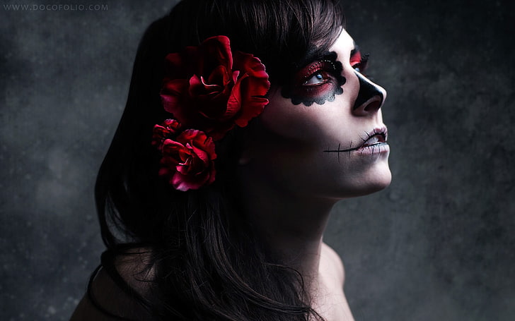 fantasy art, women, face paint, Dia de los Muertos, brunette