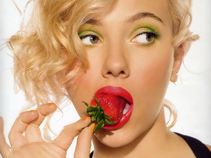 women, Scarlett Johansson, blonde, actress, red lipstick, eyeshadow