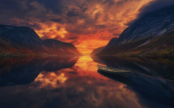 body of water, summer, sunset, lake, mountains, boat, reflection, HD wallpaper