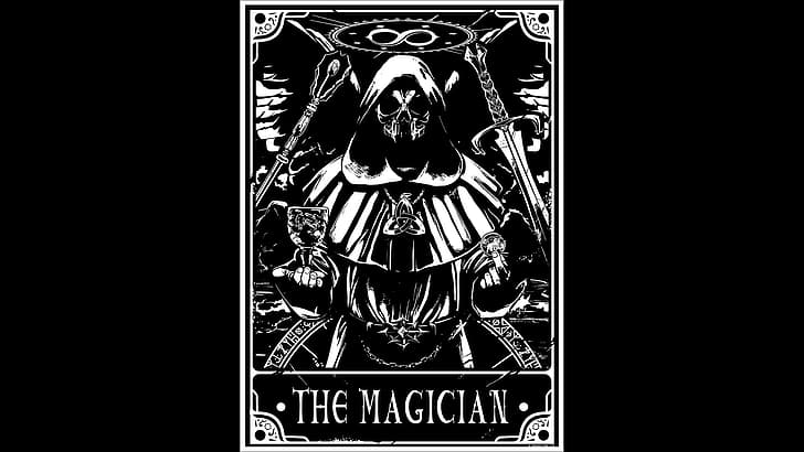 monochrome, simple background, occultism, tarot, mask, staff, HD wallpaper