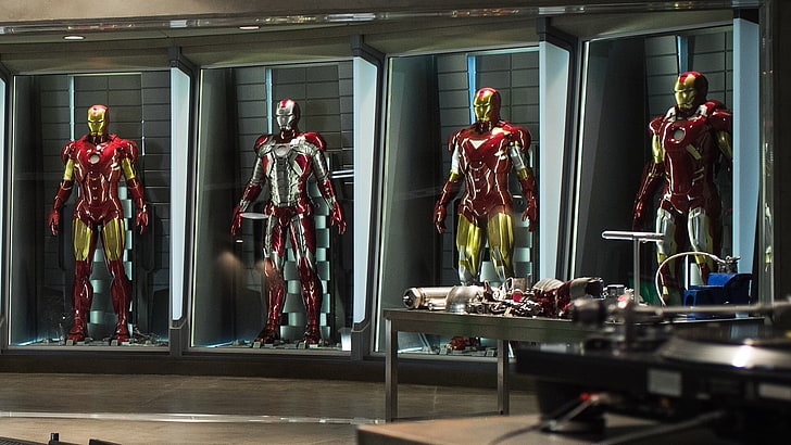 four Iron Man suits, Iron Man 3, The Avengers, human representation, HD wallpaper