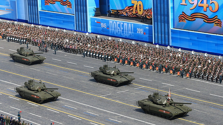 four green military tanks, Victory Day, Moscow, Russia, T-14 Armata