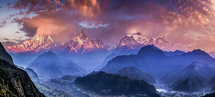 brown mountain, nature, landscape, Himalayas, mountains, sunset, HD wallpaper