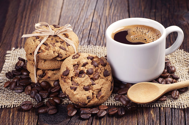 cookies, coffee, cup, coffee beans, drinks, Food, food and drink