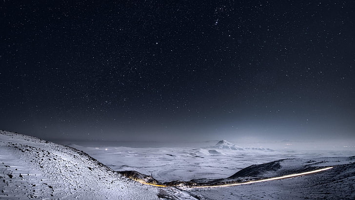 clear night, night sky, starry, stars, snow, landscape, amazing, HD wallpaper