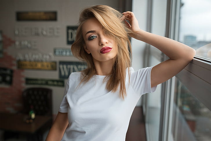 women, blonde, red lipstick, portrait, T-shirt, depth of field, HD wallpaper