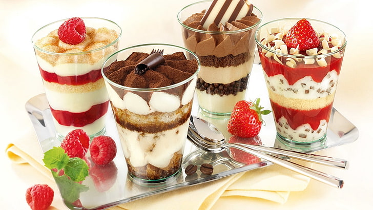 four glasses of parfaits, cake, dessert, layers, food, gourmet